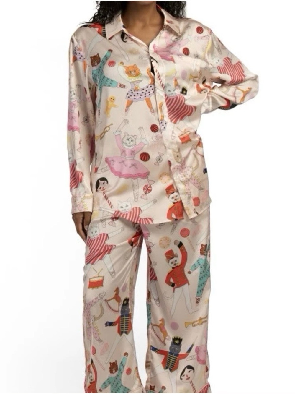 Karen Mabon Anthropology Women’s Pink CAT Print Satin Pajama Set